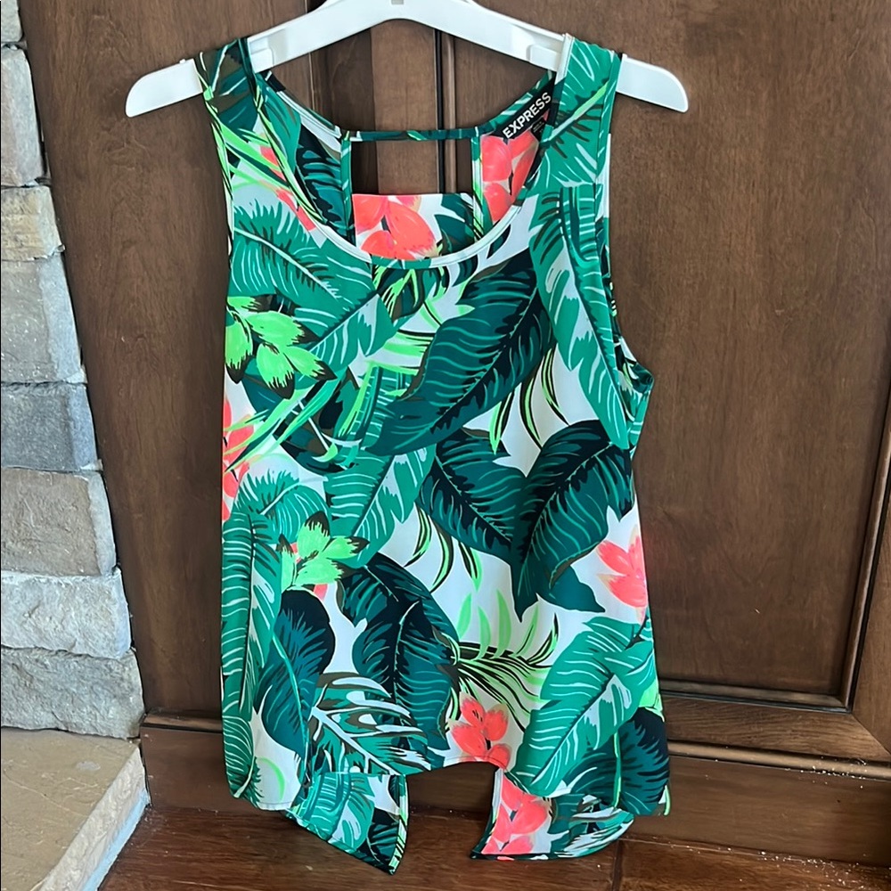 Express Green and Pink Tropical Print Women's Top, XS